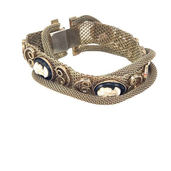 Goldette Unsigned Vintage Gold-Tone Cameo Bracelet Mesh Band With Oval Cameos Vi - Picture 8 of 10